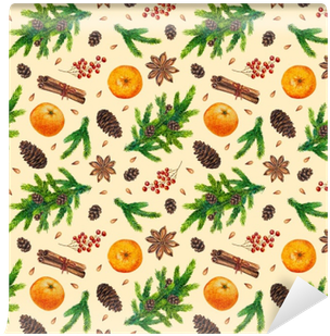 Watercolor Christmas Pattern With Fir Branches, Red - Festliche Weihnachtswinter-muster-beeren-gewürze Badematten (400x400), Png Download