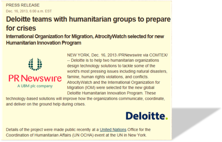 Atrocitywatch Wins Deloitte Humanitarian Innovation - Ubm (773x487), Png Download