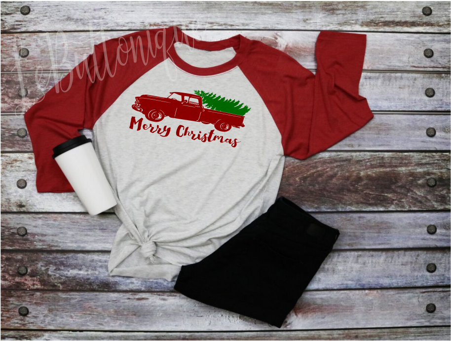 Merry Christmas Old Red Truck Raglan Shirt - Swanky Prints Pw-k9kq-qxrn 5' X 5' Grunge Gray Wood (1097x827), Png Download