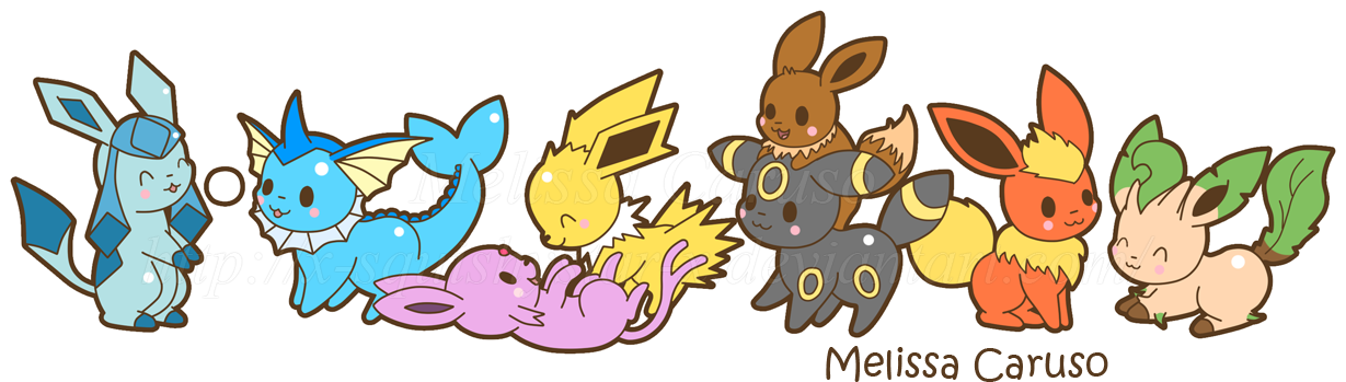 Glaceon, Vaporeon, Espeon, Jolteon, Umbreon, Eevee, - Cartoon (1229x349), Png Download