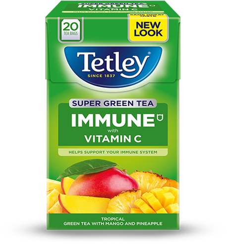 Tetley Super Green Tea Immune Tropical - Tetley Extra Strong 75 Tea Bags (635x570), Png Download