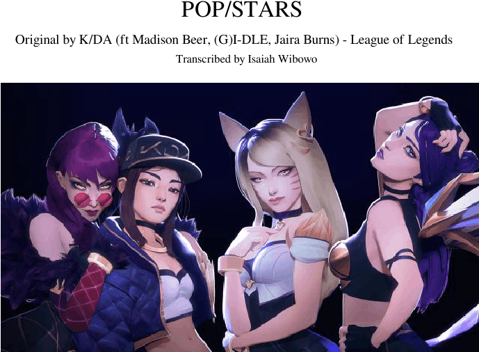 K/da Sheet Music For Flute, Piano, Percussion, Guitar - Kda Popstar (850x1100), Png Download