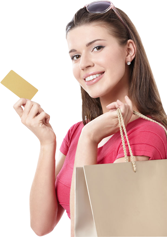 Happy Young Woman Holding Shopping Bags And Visa Credit - Woman Holding Card Png (560x790), Png Download