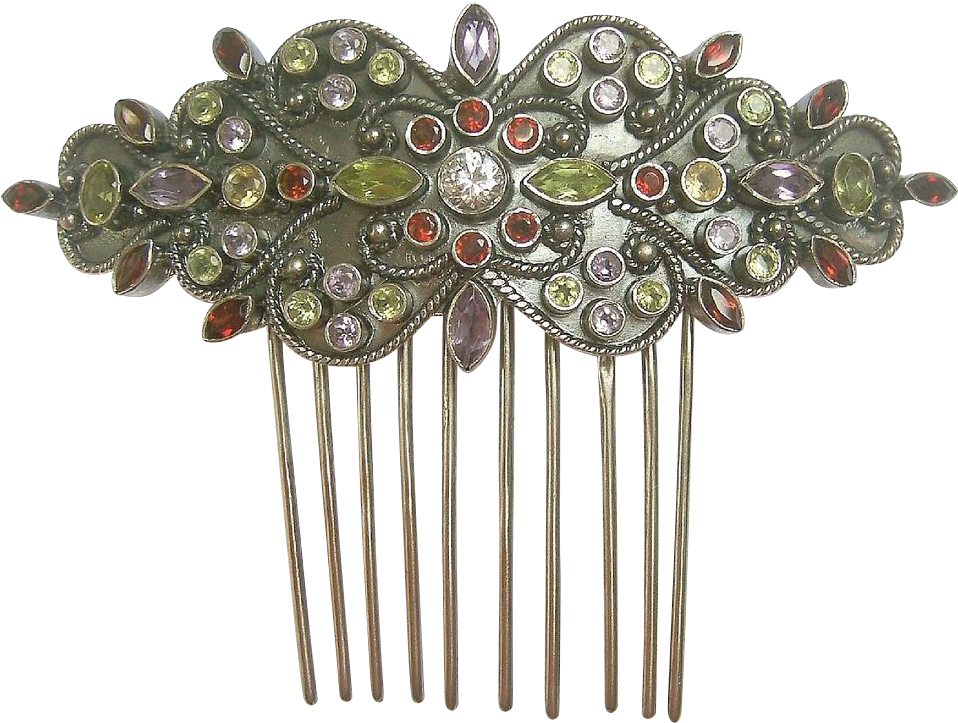 Anglo Indian Hair Comb Silver Multi Stones Hair Accessory - Headpiece (957x957), Png Download