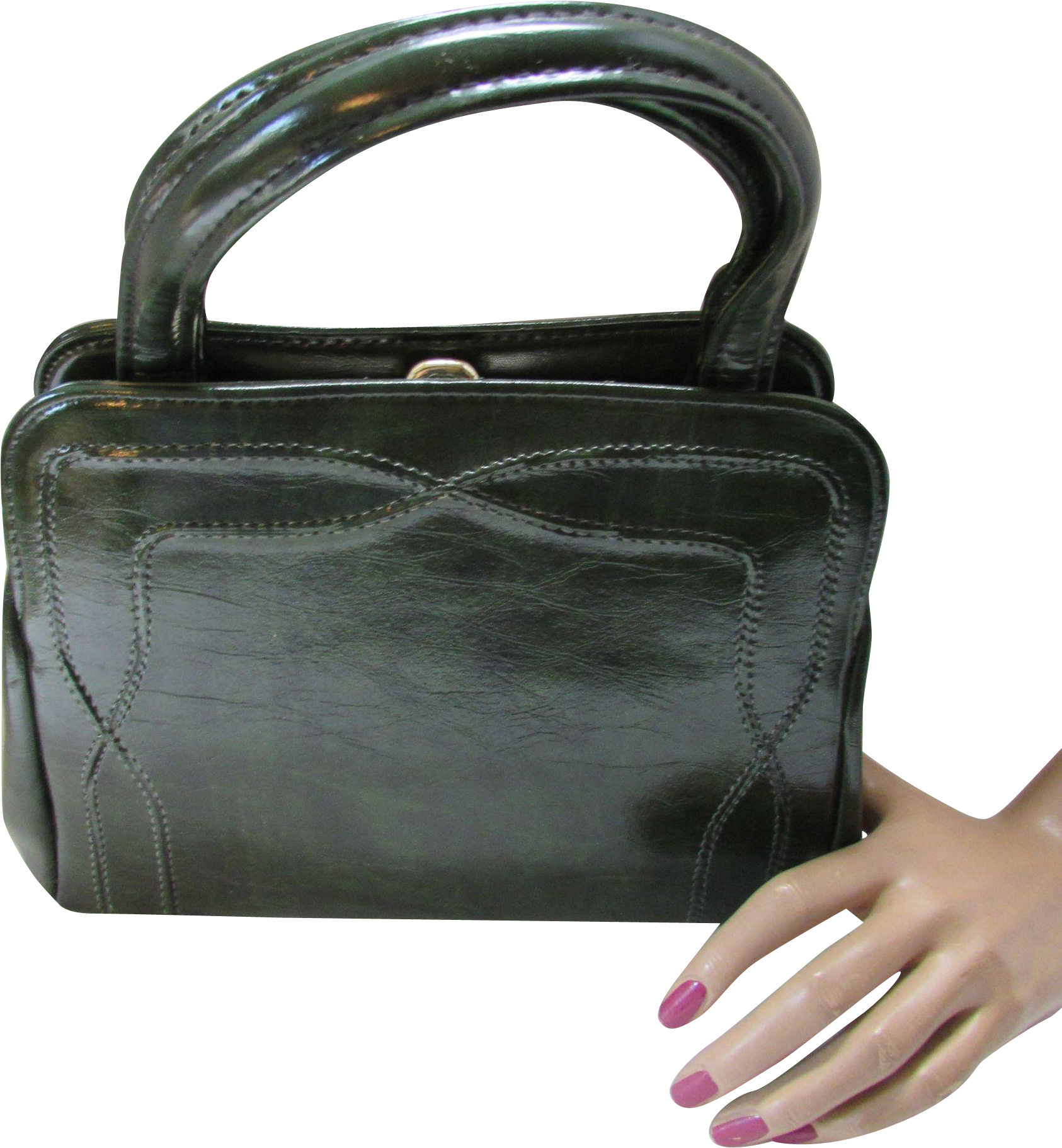 Forest Green Vintage Handbag In Vinyl With Raised Stitching (1821x1821), Png Download