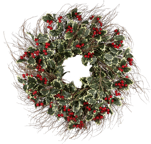 Silk Variegated Holly & Burgundy Berries • - Wreath (500x611), Png Download