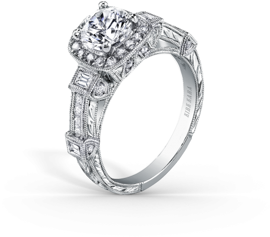Carmella, Most Prized Creations Platinum Engagement - Kirk Kara Carmella Cushion Halo Baguette Station Blue (600x600), Png Download