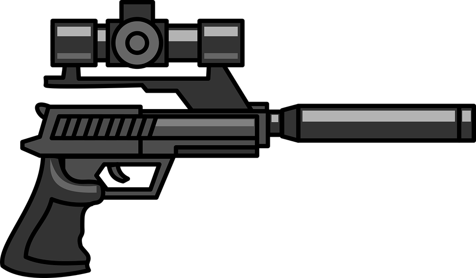 Vector Drawing Of Us Weapons During The Vietnam War - Pistol With Silencer And Scope (960x561), Png Download