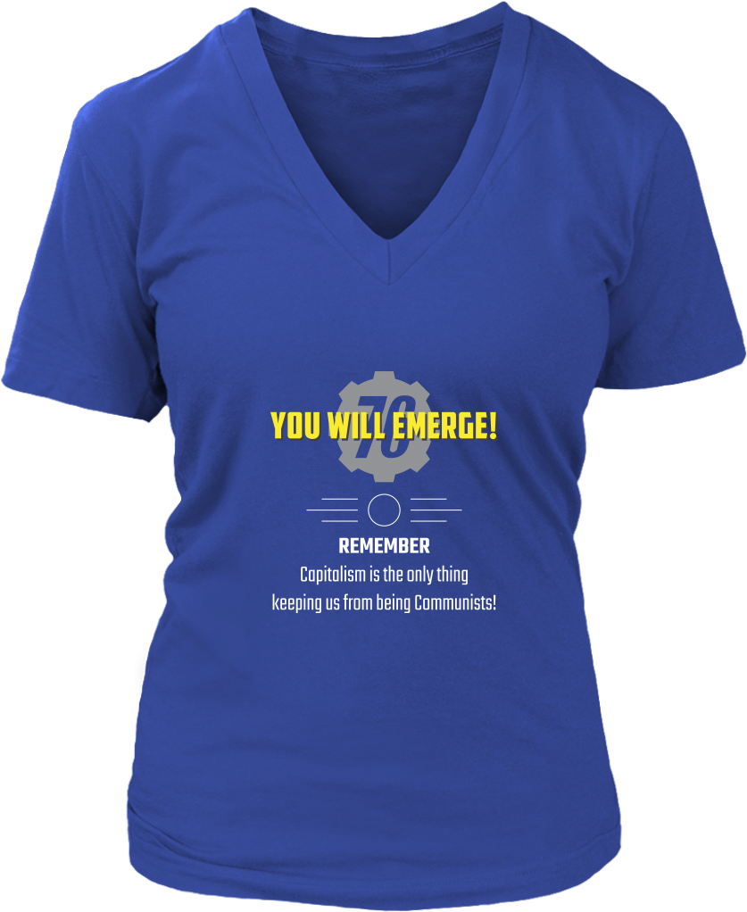 Fallout 76 You Will Emerge Women's V Neck T Shirt Happy - Iceman (ladies) - District Womens V-neck / Royal Blue (1024x1024), Png Download