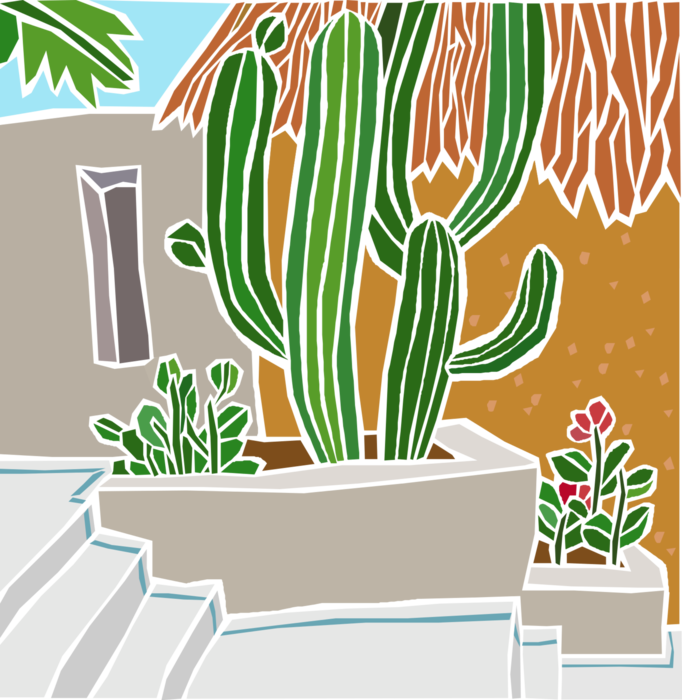 Vector Illustration Of Outdoor Patio With Cactus And - Hedgehog Cactus (682x700), Png Download