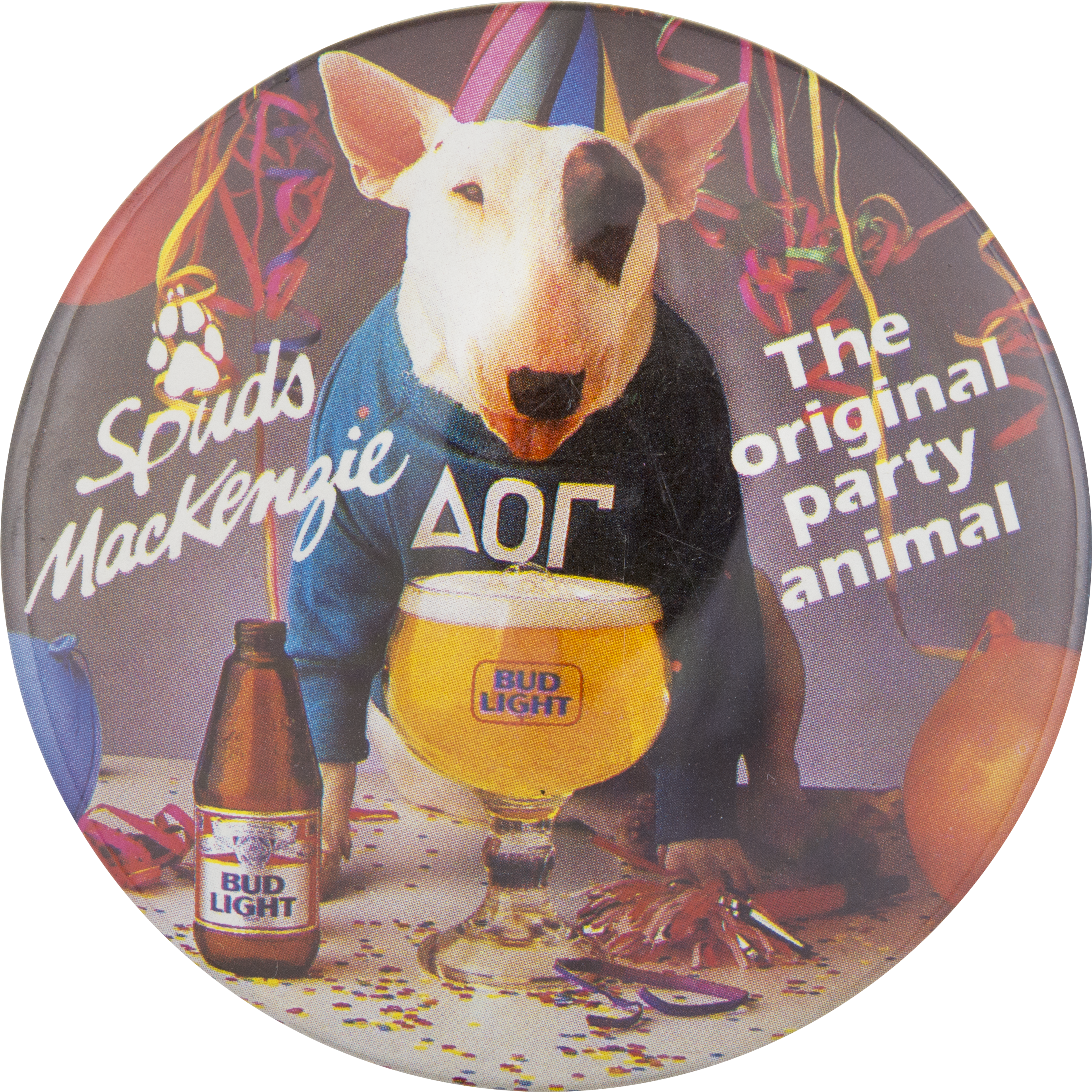 Bud Light Spuds Mackenzie Party Animal Beer Button - Vintage 1980's Bud Light Spuds Mackenzie Party Animal (2976x2844), Png Download