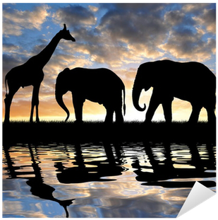 Silhouette Elephants And Giraffe In The Sunset Sticker - Elephants And Giraffes (400x400), Png Download