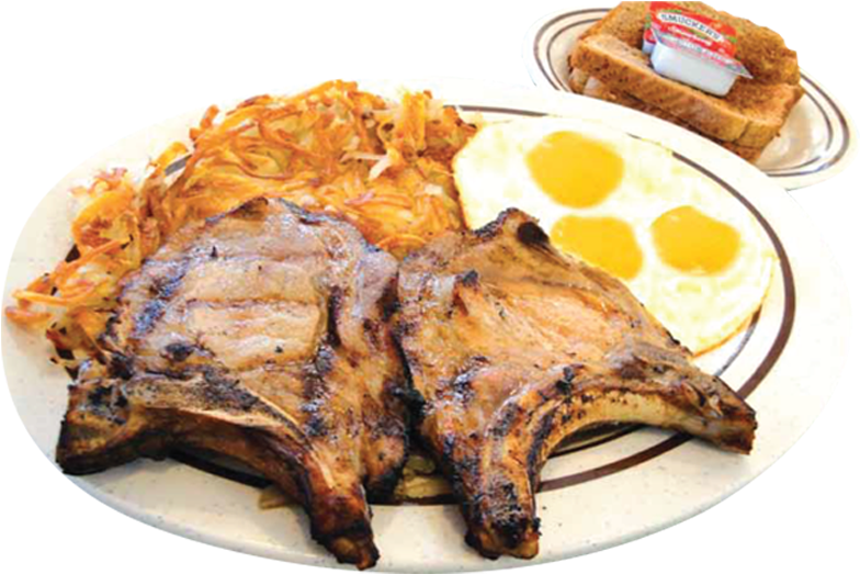 3 Eggs, 2 Sausage, 2 Bacon, Hashbrowns, Toast, 2 Pancakes - Steak Bacon Eggs And Hashbrowns (804x614), Png Download