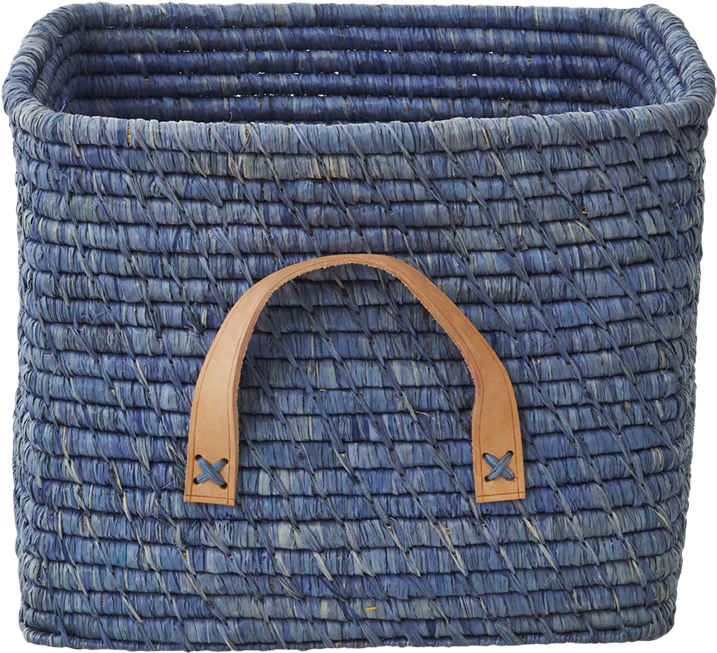 Blue Square Raffia Basket Leather Handles Rice Dk - Rice Small Square Raffia Basket With Leather Handles (1024x1024), Png Download