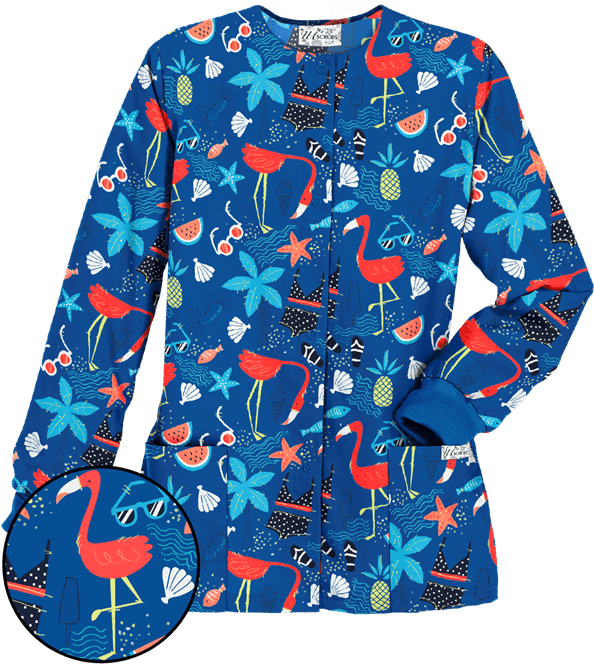 Pc82fgr - Ua Flamingo Beach Royal Print Scrub Jacket (600x720), Png Download