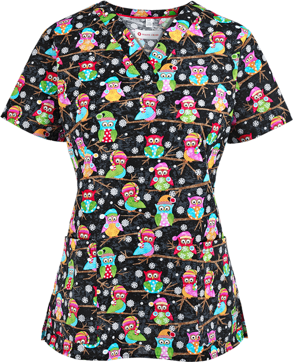 White Cross 617 Wtw Winter Owls Scrub Top, Animal Print - Dress (600x720), Png Download