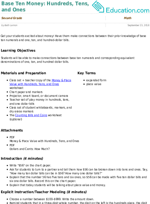 Base Ten Money - Means Of Transport Lesson Plan (557x731), Png Download
