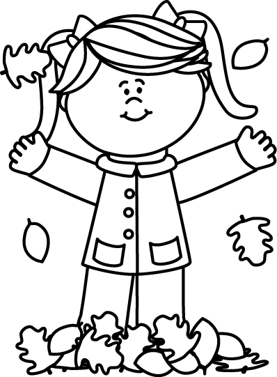 Black And White Girl Playing In Leaves Clip Art - Raking Leaves Clipart Black And White (398x541), Png Download