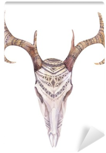 Watercolor Skull With Flowers , Arrows And Feathers - Cow Boho Animal Painting (400x400), Png Download