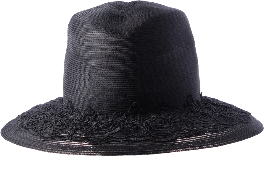 Black Medium Fedora With Hand-sewn Lace Trim - Fedora (1100x825), Png Download