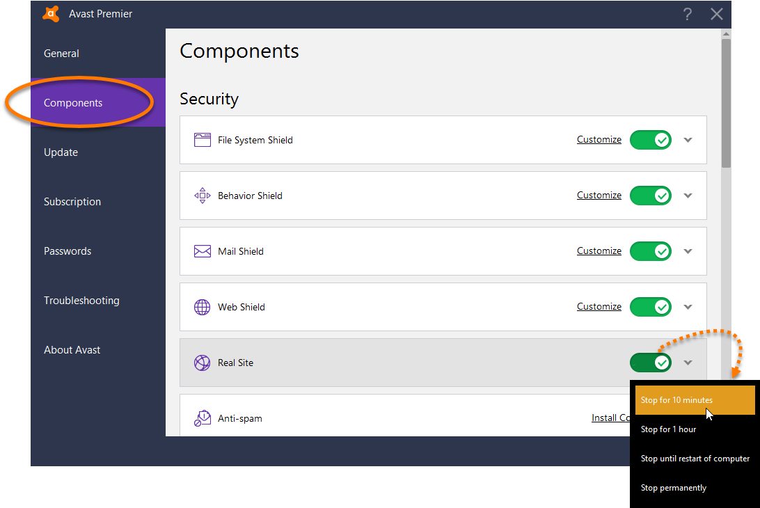 Selecione Componentes E Depois Clique No Controle Deslizante - Avast Secure Dns (1176x729), Png Download
