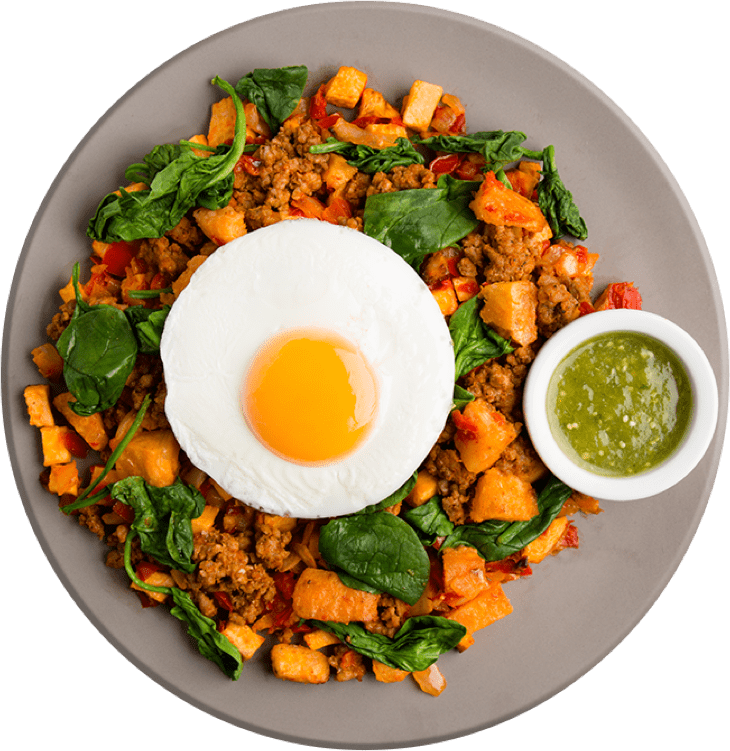 Athlete Breakfast Chorizo And Yuca Hash With Tomatillo - Fried Egg (730x751), Png Download