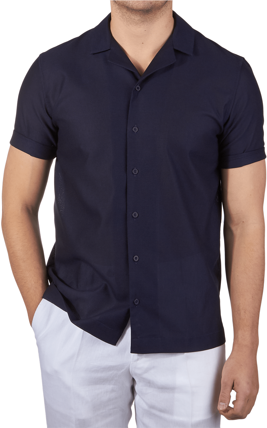 Sunspel Navy Short Sleeve Jersey Polo Shirt Front - Navy Camp Collar Shirt (1440x1440), Png Download