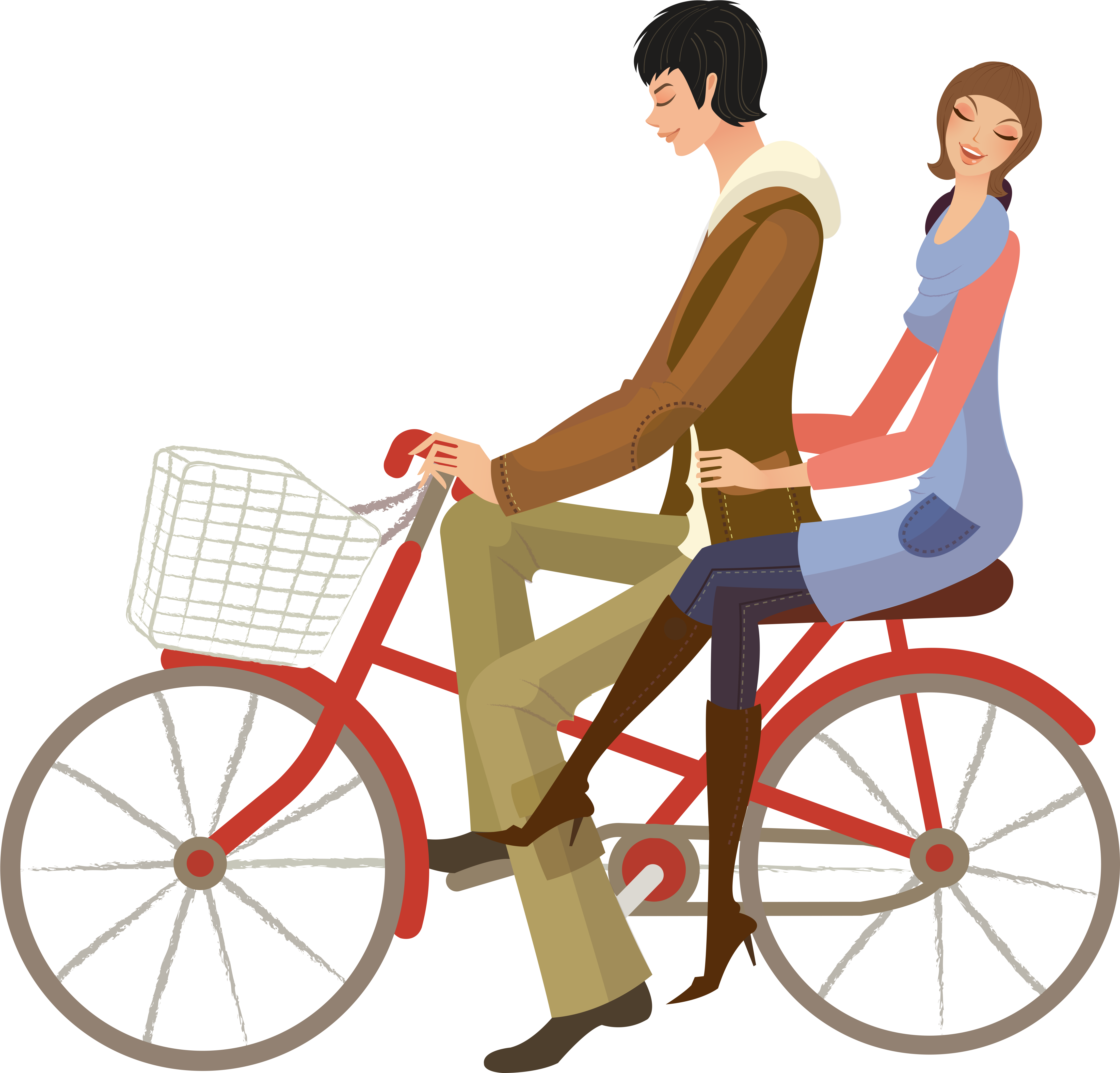 Hand Drawn Cartoon Couple Cycling Decoration Vector - Lovers In Bike Vector Png (5008x4537), Png Download