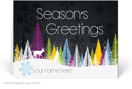 Business Happy Holidays Greeting Cards - Orange Venue Kar Üstüne Renkli Yılbaşı Ağaçları Desenli (560x417), Png Download