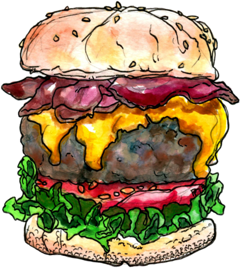 Bacon Cheeseburger Watercolor And Pen - Bacon Burger Drawing (500x562), Png Download