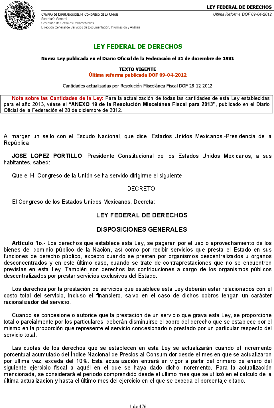 Ley Federal De Derechos - Ley De Premios Estimulos Y Recompensas Civiles (1224x1584), Png Download