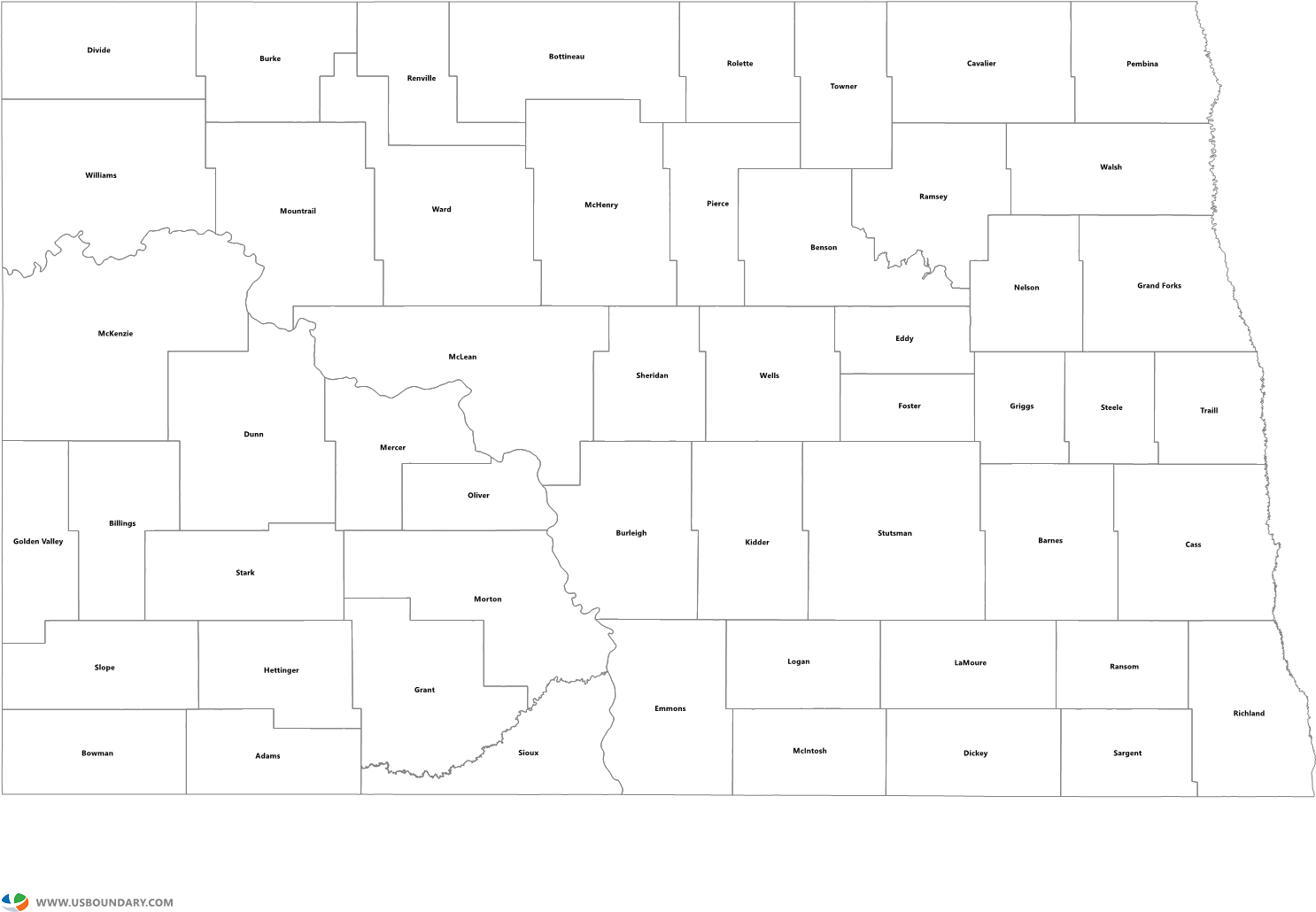 North Dakota Counties Outline Map (1584x1123), Png Download