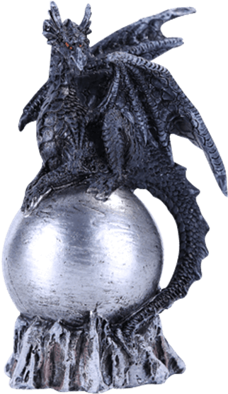 Black Dragon On Silver Orb Statue - Fantasy Statues (555x555), Png Download
