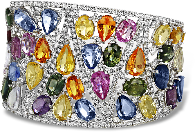 Multi-color Sapphire Diamond Cuff Bracelet - Multi Colored Sapphire Bracelet (700x700), Png Download