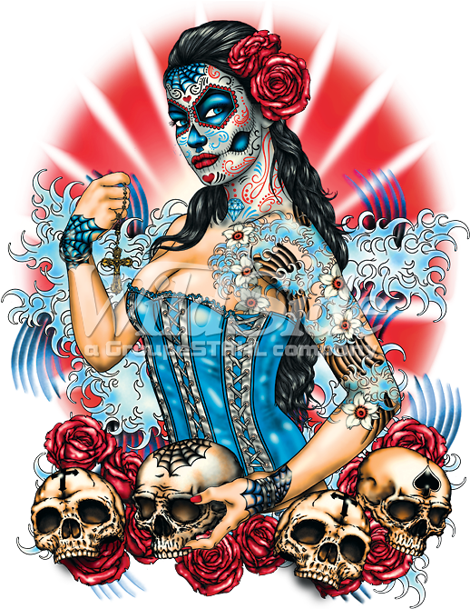 Day Of The Dead Pinup With Skulls And Roses (675x675), Png Download