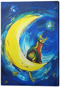 Colored Cat Sitting On A Crescent Moon Canvas Print - Gatos Con Luna Creciente (400x400), Png Download