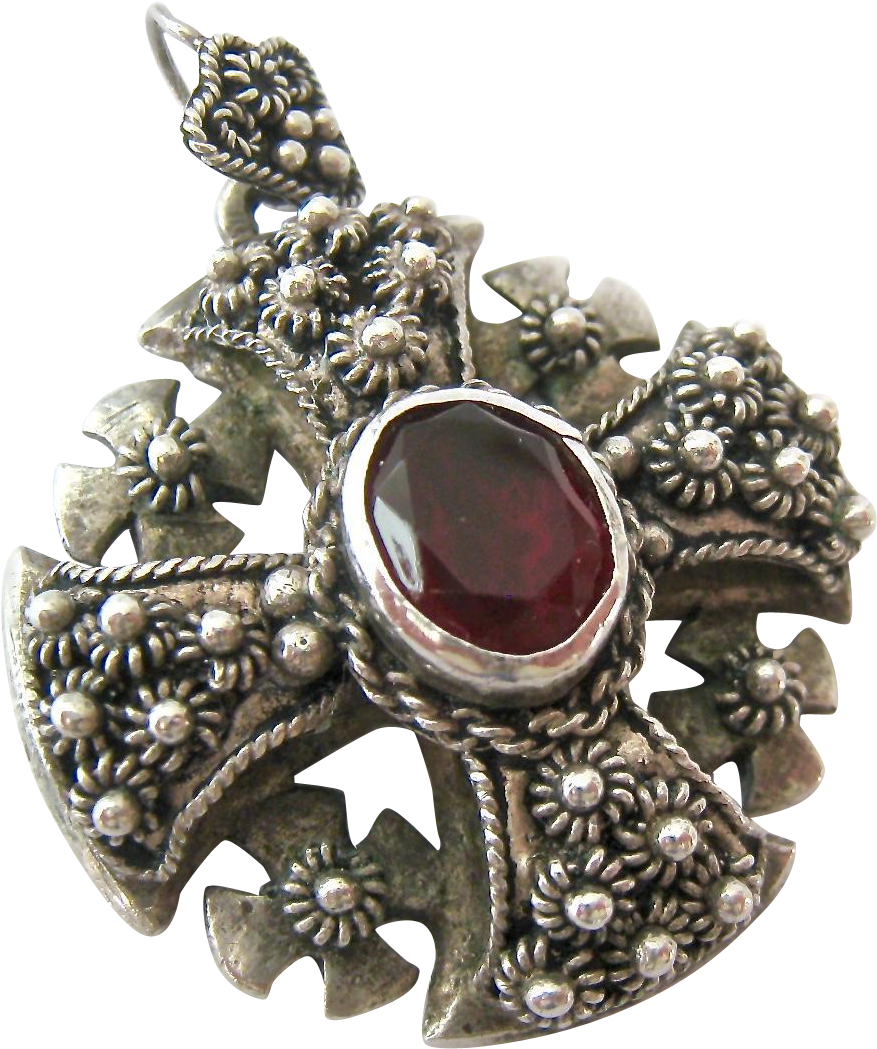 950 Silver And Garnet Jerusalem Cross Pendant From - Silver (1048x1048), Png Download