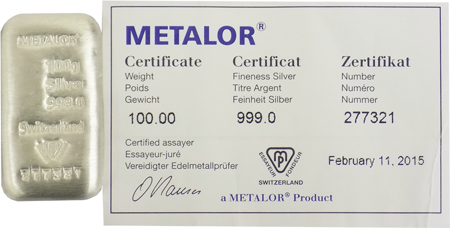 This Metalor 100g Silver Cast Bar Depicts The Weight, - Metalor (900x900), Png Download