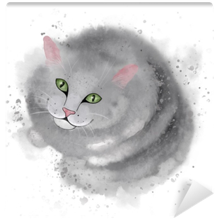Grey Cute Cat Sitting And Smiling At You - Watercolor Painting (400x400), Png Download