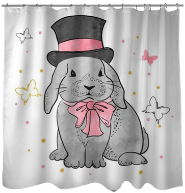 Cute Watercolor Rabbit Boy With Bow And Hat - Curtain (400x400), Png Download