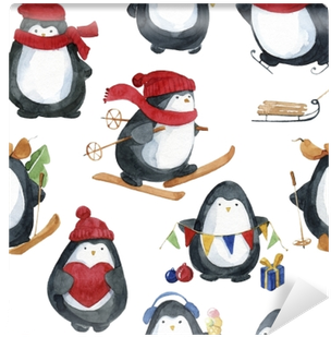 Seamless Watercolor Pattern - Christmas Penguin Watercolor (400x400), Png Download