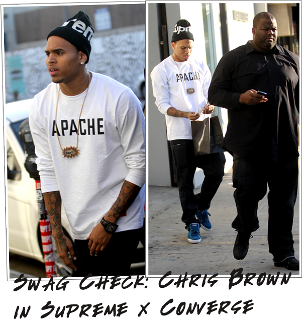 Chris Brown In Supreme Beanie, Apache Tee & Converse - Chris Brown Supreme Beanie (600x641), Png Download