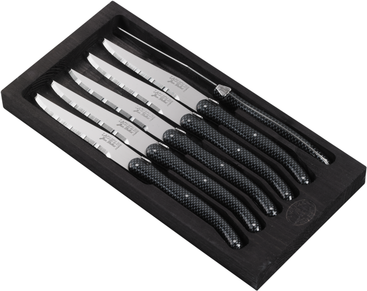 Laguiole Steak Knife Set Carbon Mirror Effect - Set De 6 Couteaux A Steak Carbone Brillant (750x600), Png Download