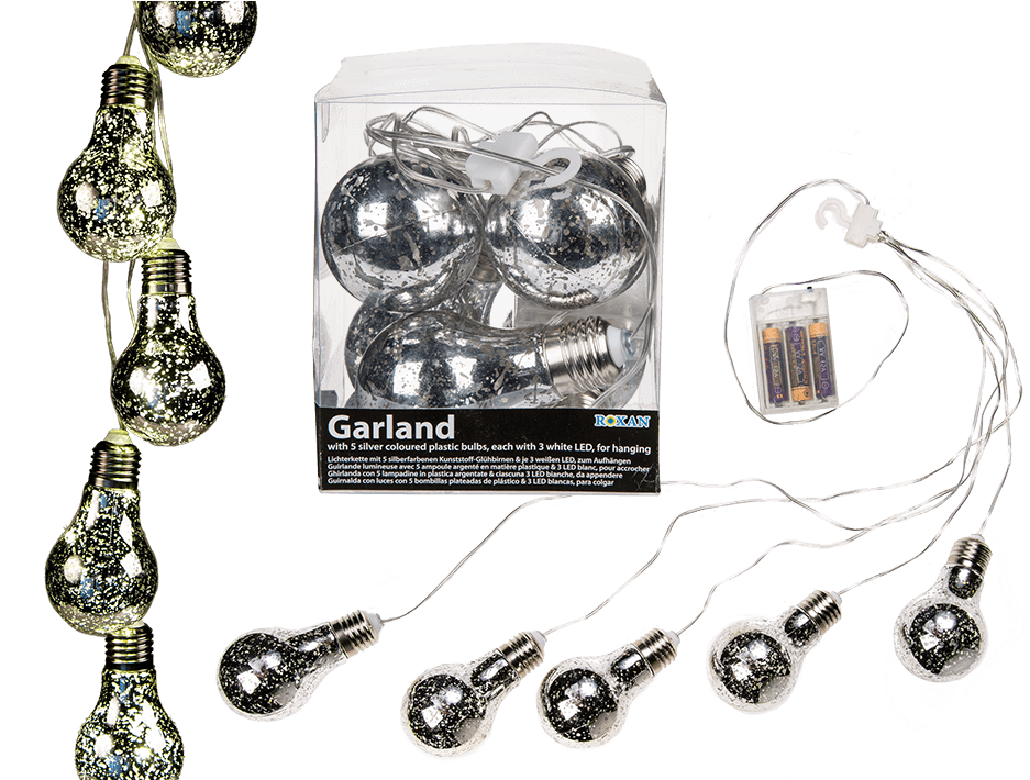 Garland With 5 Silver Coloured Plastic Bulbs & Each - Fairy Lights With 10 Led Bulbs (945x709), Png Download