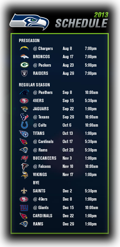 2013 Seahawks Schedule - Seattle Seahawks (396x815), Png Download