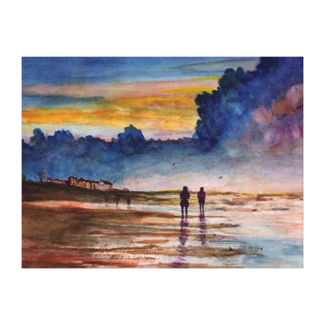 Stormy Sunset Beach Combing Watercolor Seascape Canvas - Watercolor Painting (650x650), Png Download