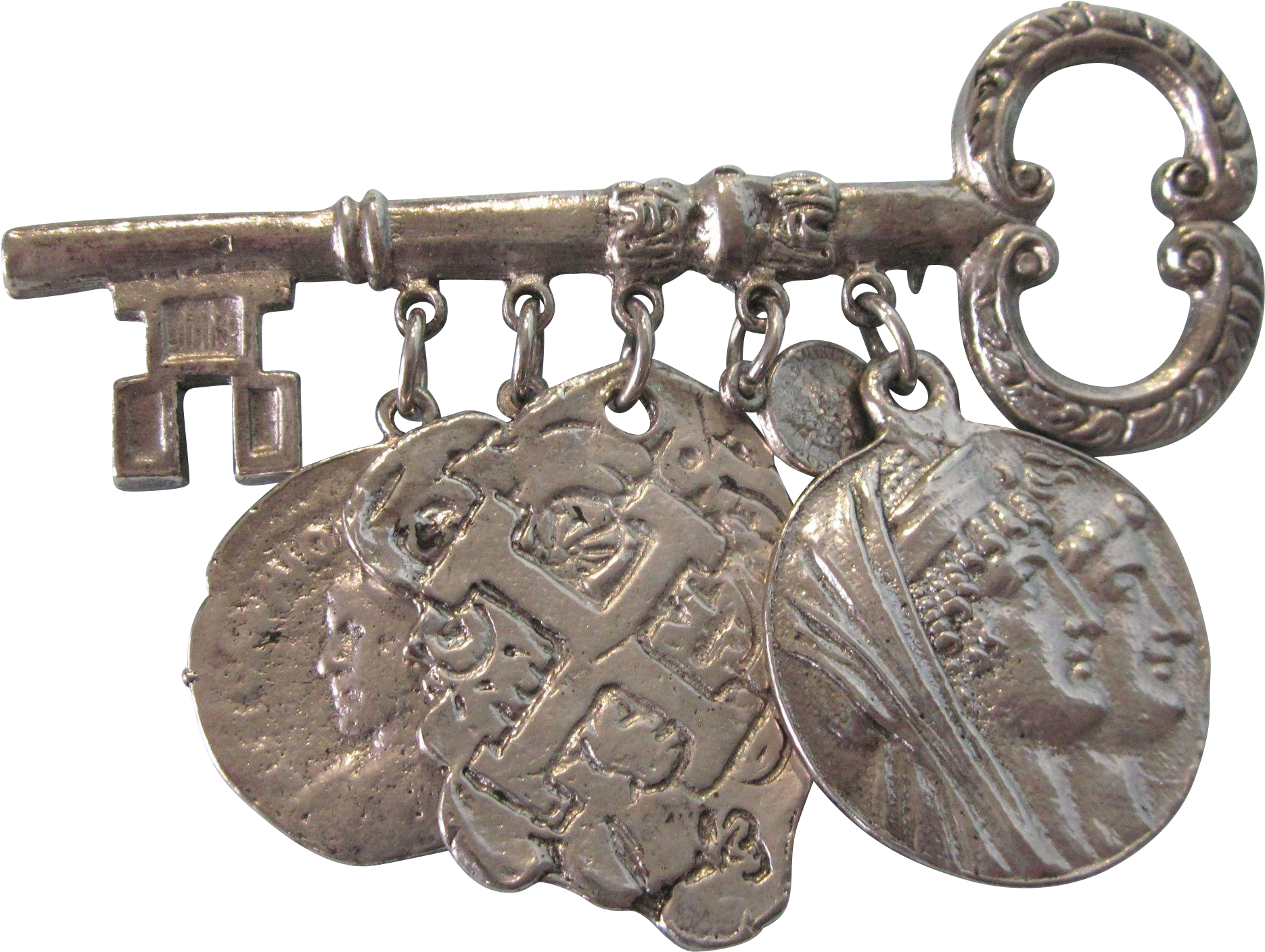 Chunky Vintage Key With Coin Dangles Silvertone Brooch - Antique (1869x1869), Png Download