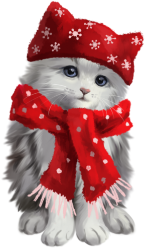 Cute Kitty Kitten Cat Grey White Red Scarf Hat Christma - Cat (600x548), Png Download