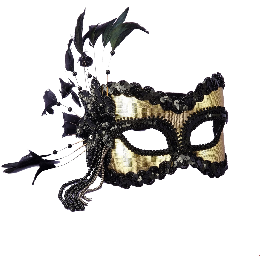 Venetian Mask Png Image Background - Black And Gold Sequin And Feather Mardi Gras Mask (1024x1024), Png Download