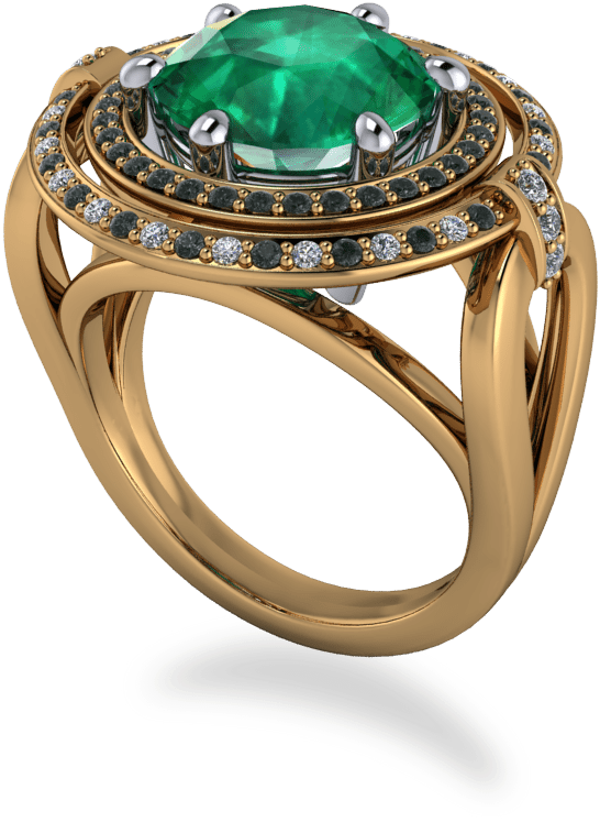 18k Yellow Gold & Platinum 2 Row Round Emerald Halo - Engagement Ring (800x800), Png Download